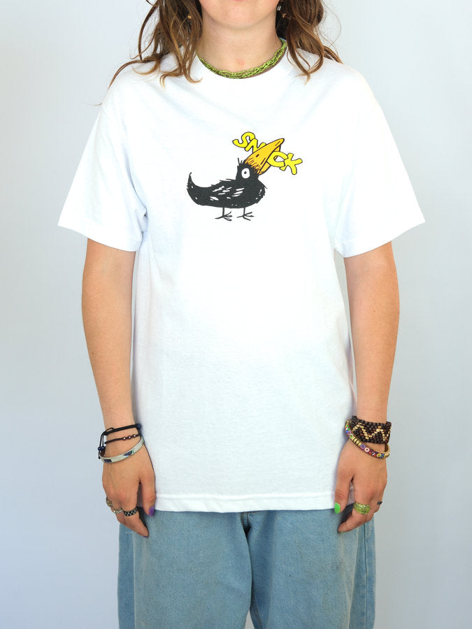 White heavyweight cotton shirt featuring a blackbird graphic with a banana by Snack Skateboards