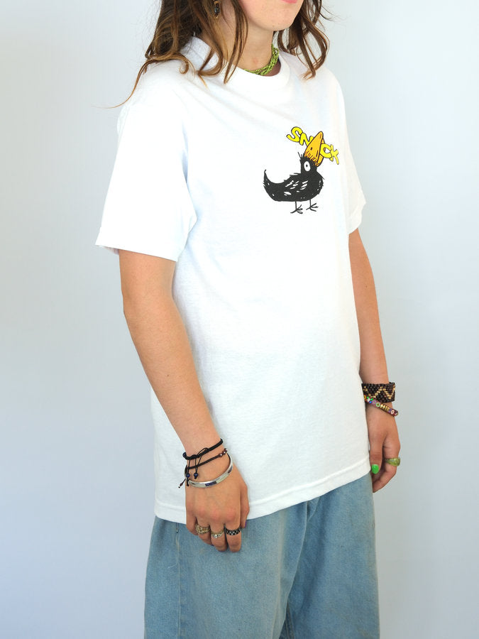 White heavyweight cotton shirt featuring a cartoon bird graphic, Snack Skateboards Blackbird Tee