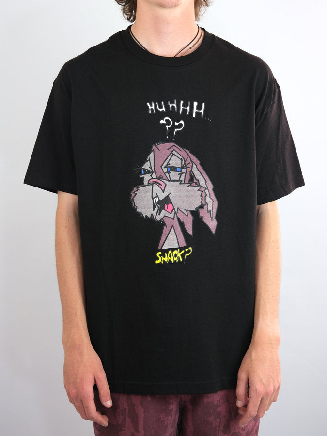 Black heavyweight cotton Buns tee featuring a cartoon rabbit design by Snack Skateboards