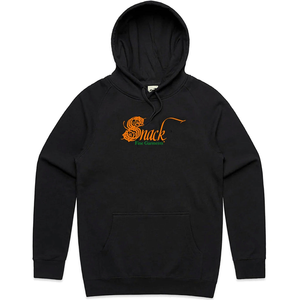 Black Heavy Fleece Hooded Sweatshirt with Snack Skateboards Logo and Green Text