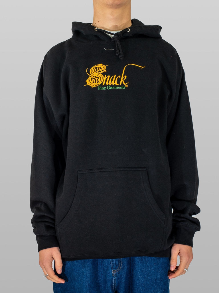 Black heavy fleece hooded sweatshirt featuring Snack Skateboards logo and Fine Garments text