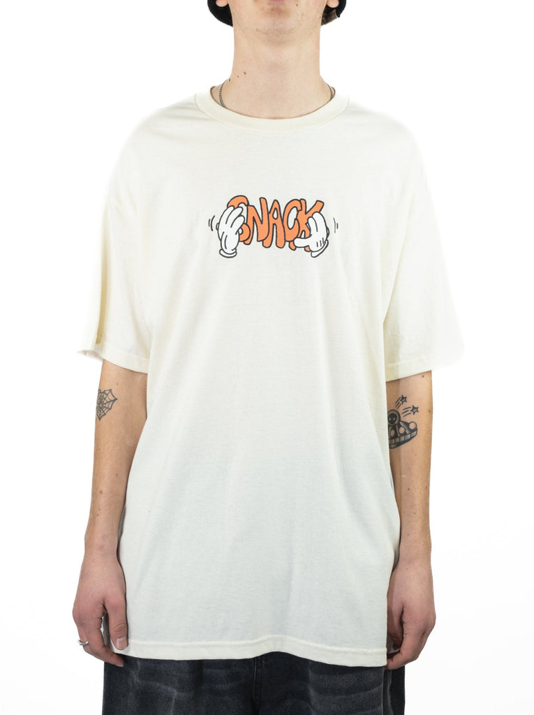 Snack Skateboards Hands White T-shirt With ’snack’ In Orange And Cartoon Hands Design