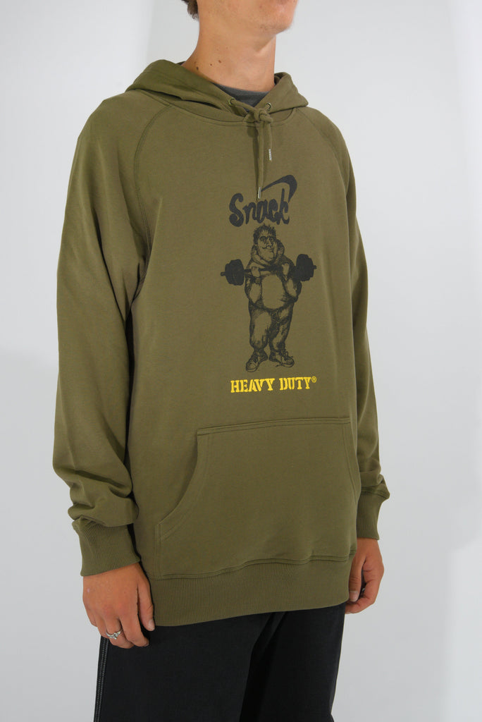 Olive green hoodie from Snack Skateboards featuring a cartoon bear lifting weights