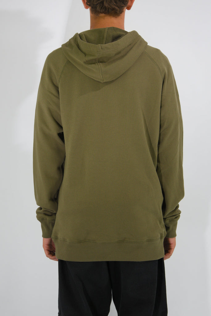 Olive green hooded sweatshirt back view from Snack Skateboards in terry cloth material