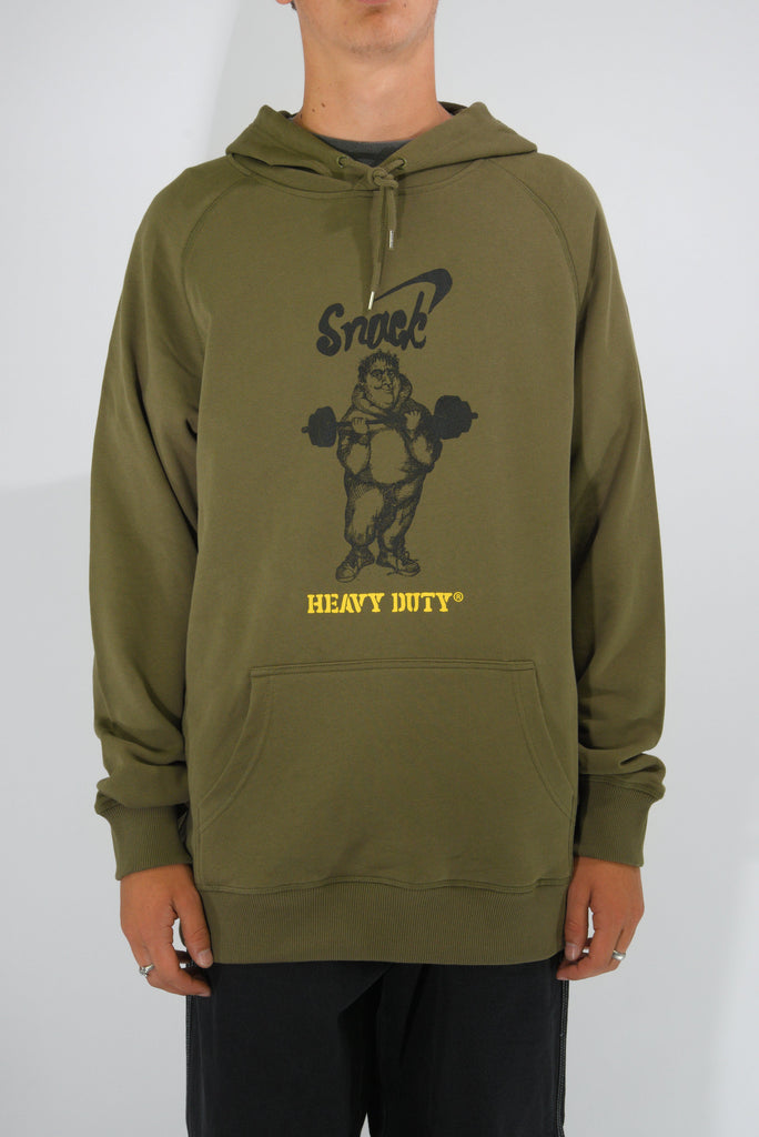 Olive green hoodie by Snack Skateboards with cartoon character lifting weights in terry cloth