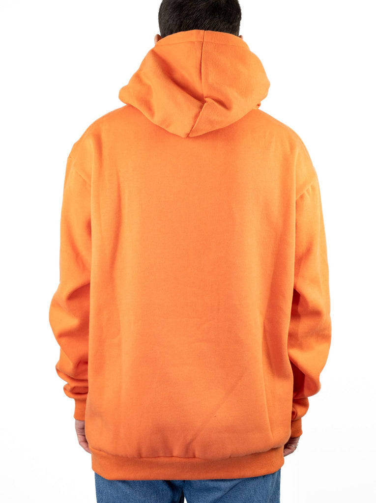 Back view of the Snack Skateboards Pot Luck Ultra Heavyweight Hoodie in Persimmon Orange