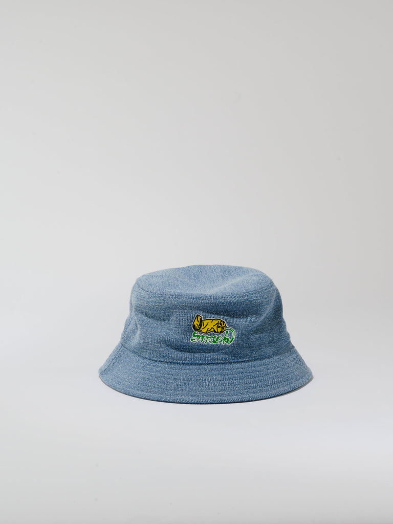 Blue denim bucket hat with colorful animal patch from Snack Skateboards Squeeze Full Denim