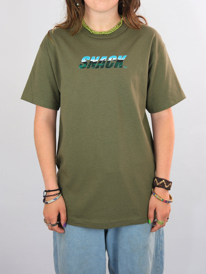 Olive green t-shirt with ’SNOOP’ printed in blue gradient lettering across the chest.