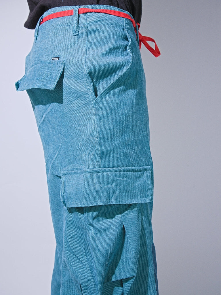 Teal Coduroy Cargo Pants with Red Drawstring Waistband from Snack Skateboards, Baggy Fit