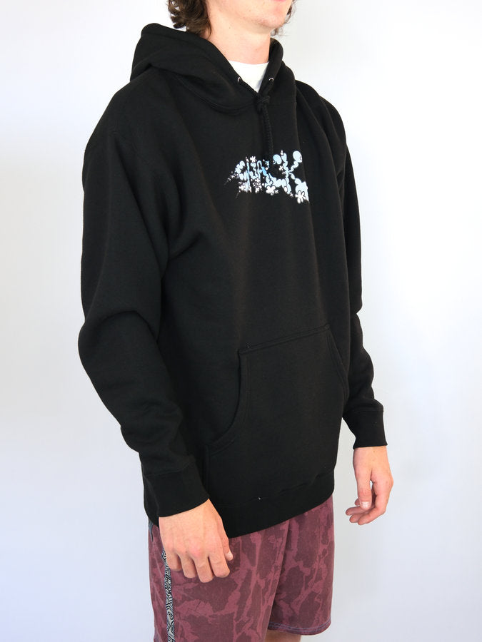 Black hoodie with a small floral design on the chest.