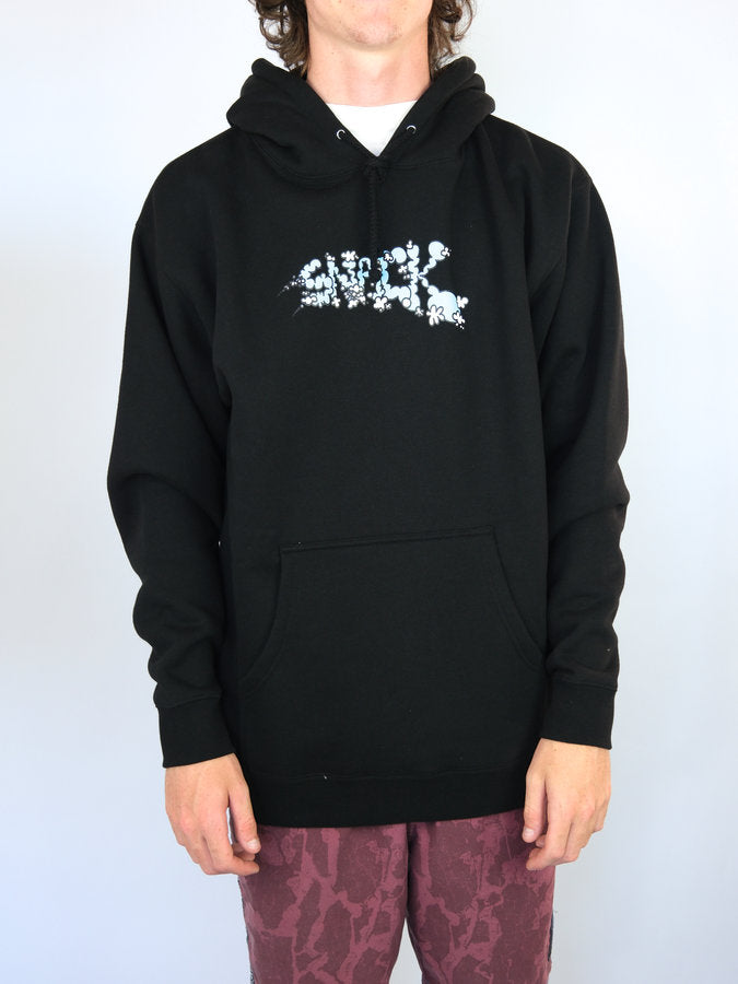 Black Snack Skateboards Vapours Hoodie featuring a pixelated white graphic design