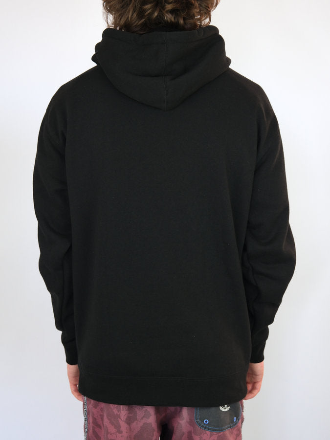 Black hooded sweatshirt viewed from the back, featuring Snack Skateboards Vapours Hoodie design