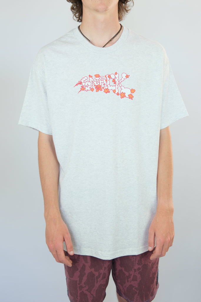 White Vapours Tee Shirt by Snack Skateboards with red graphic design on chest