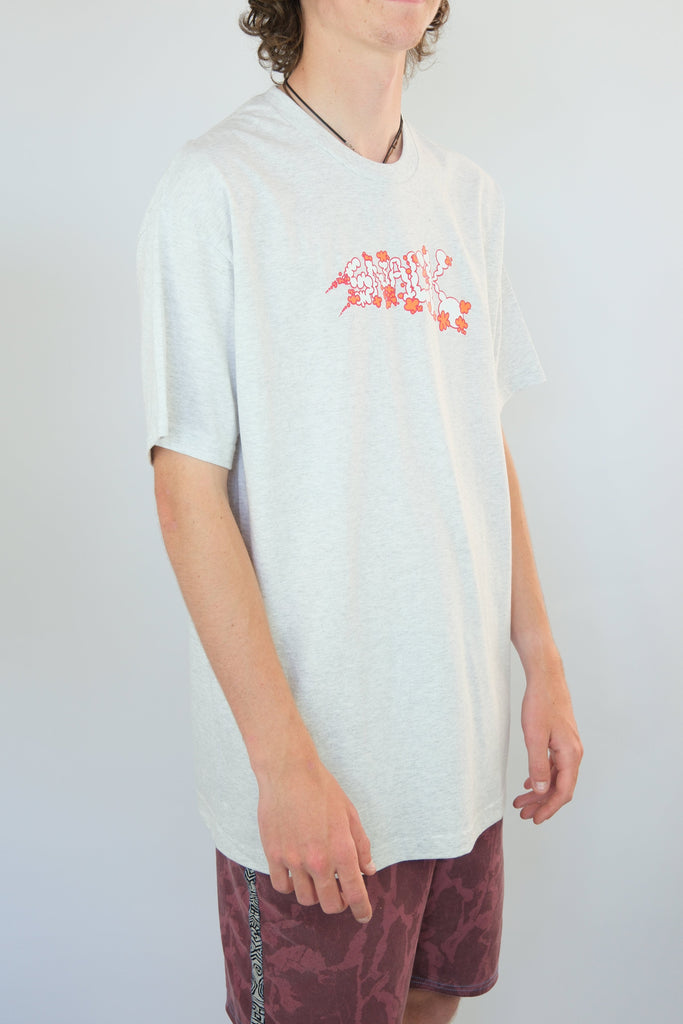 White Vapours Tee Shirt with a red graphic design by Snack Skateboards on ash grey cotton