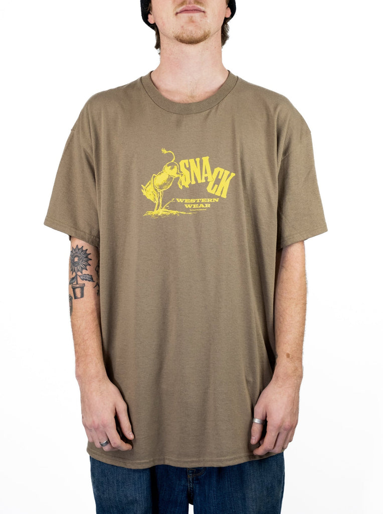 Tan Snack Skateboards western wear tee featuring yellow graphic of a stylized animal