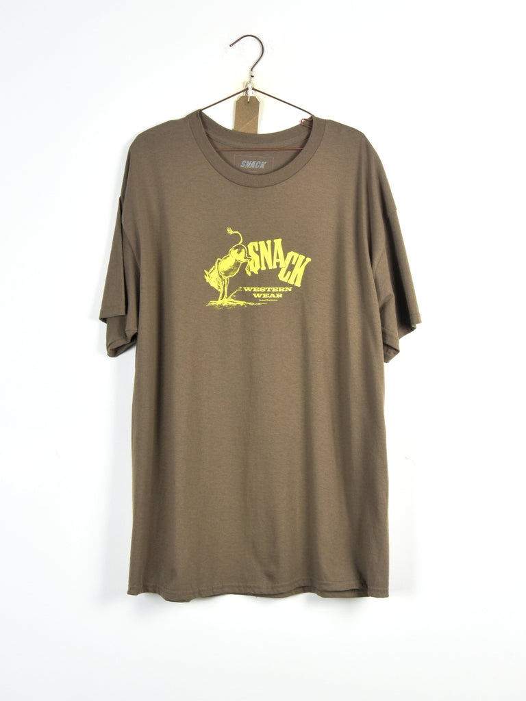 Brown t-shirt with a yellow bird graphic design on the front.