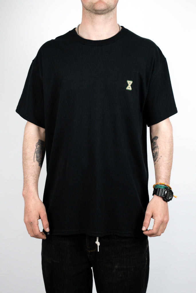 Black Sour Solution Infinity T Shirt featuring a small hourglass logo on the chest