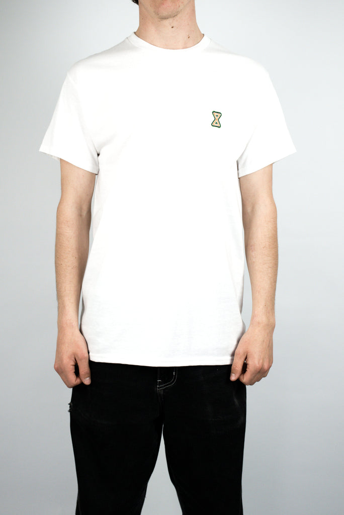 White Infinity T Shirt with small hourglass logo by Sour Solution for Grind Supply