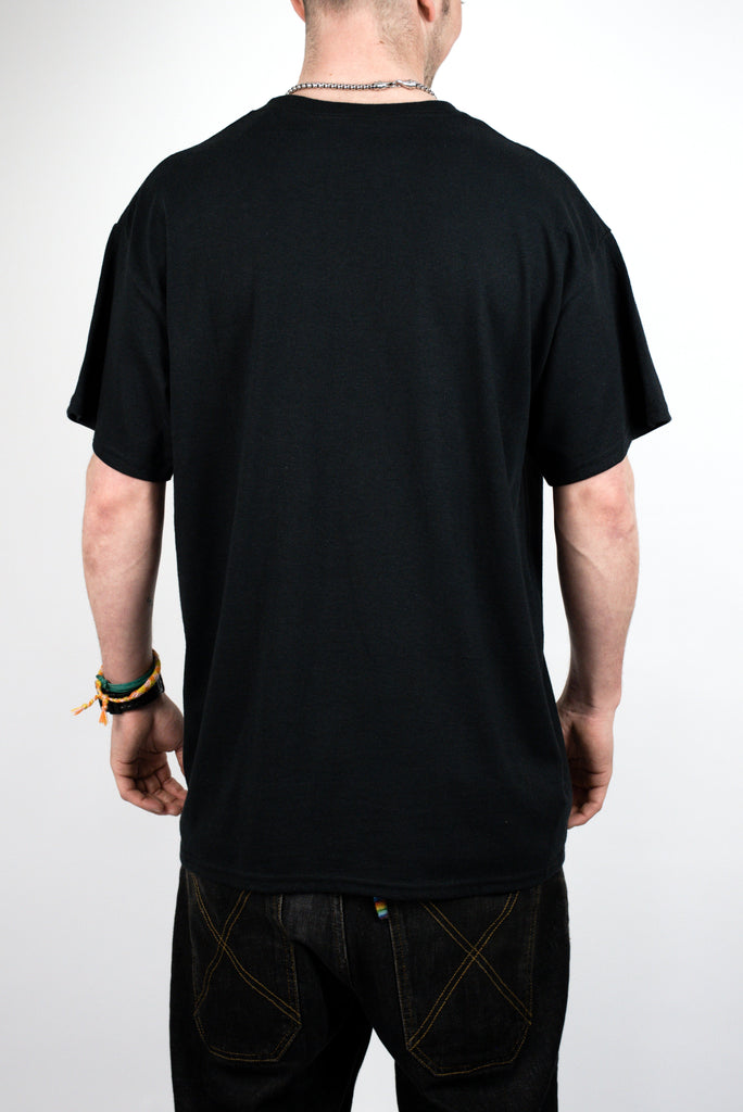 Plain black t-shirt worn by a person viewed from behind.