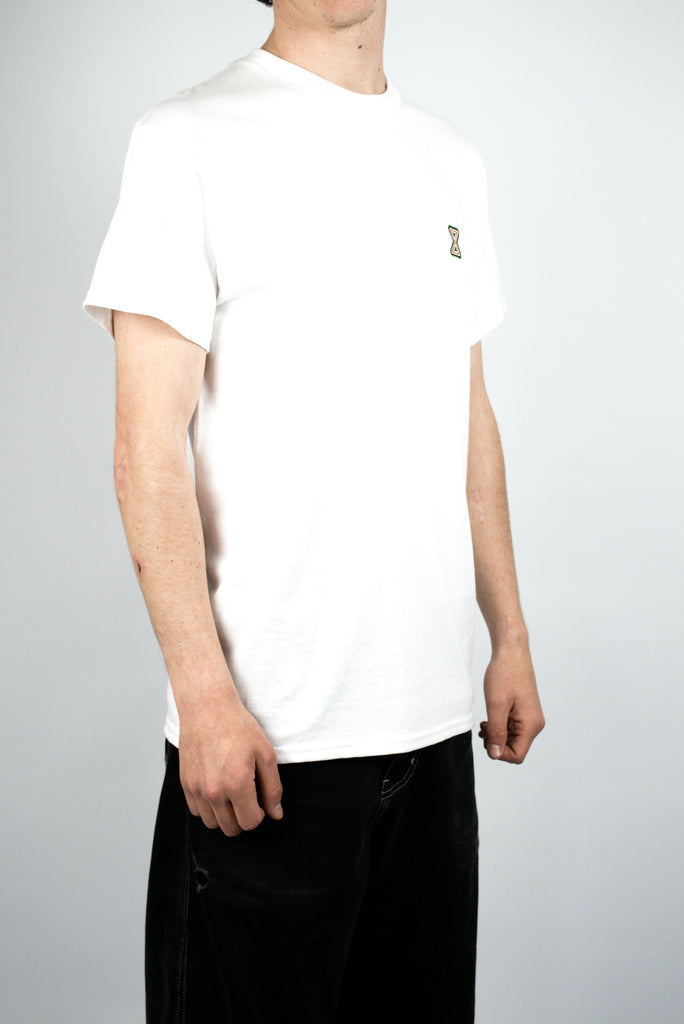 White Sour Solution Infinity Tee featuring a small embroidered logo on the chest