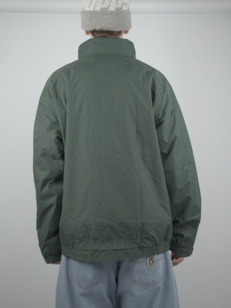 Back view of a Forest Green water proof fleece lined jacket with high collar