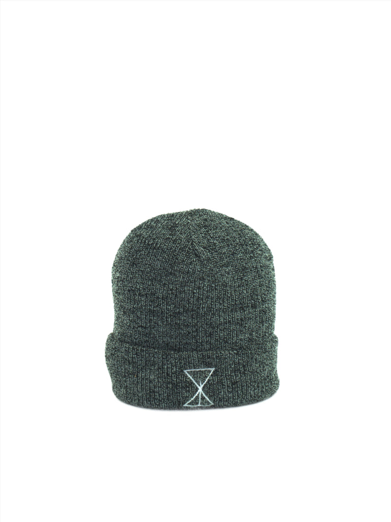 Dark gray knit beanie with embroidered symbol, part of Sour Solution Sourglass Beanie