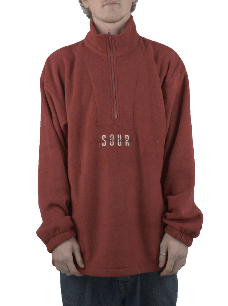 Maroon heavyweight fleece pullover with SOUR text and half-zip collar from Sour Solution Spot Hunter