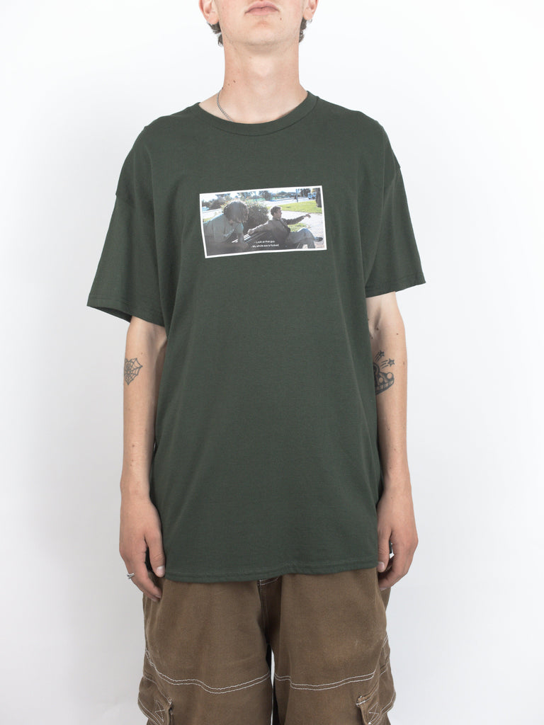 Dark green Sour Solution t-shirt featuring a black and white photographic print