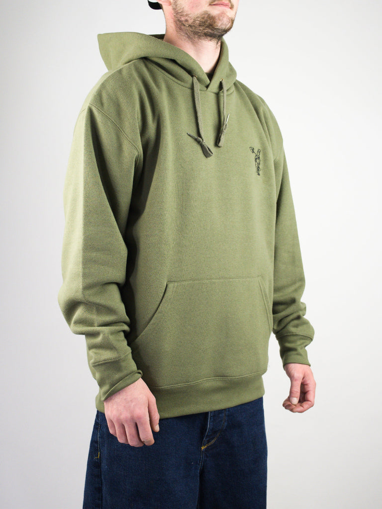 Olive green pullover hoodie with a front pocket and drawstrings.