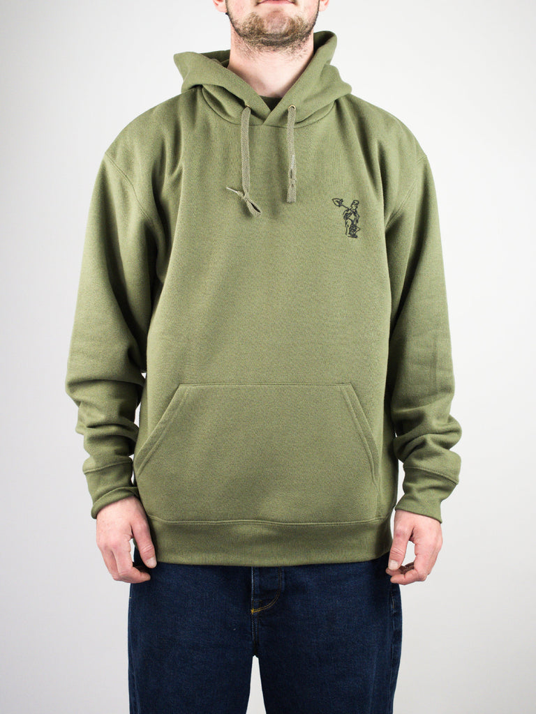 Olive green pullover hoodie with a small embroidered design and front pocket.