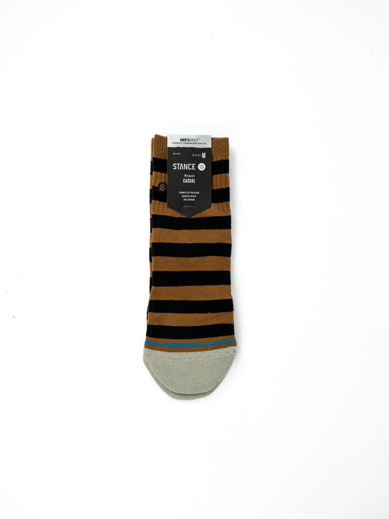 Striped sock with brown and black bands, a thin blue stripe, and a gray toe area.