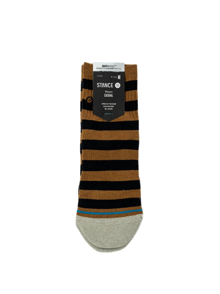 Striped quarter height Infiknit performance sock in brown, black, and blue for women