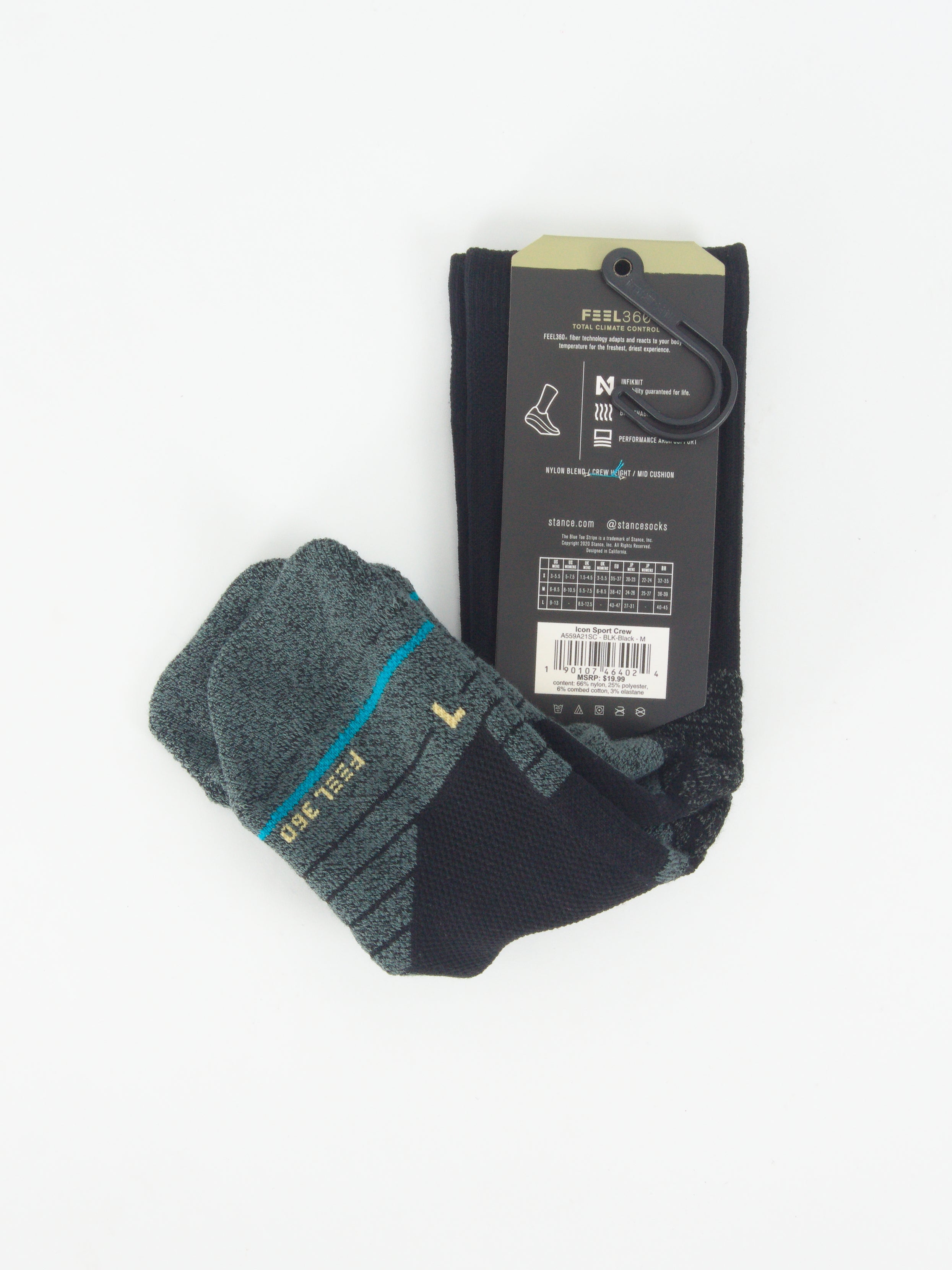 Stance - feel360 with infinknit icon sport socks - crew height - black