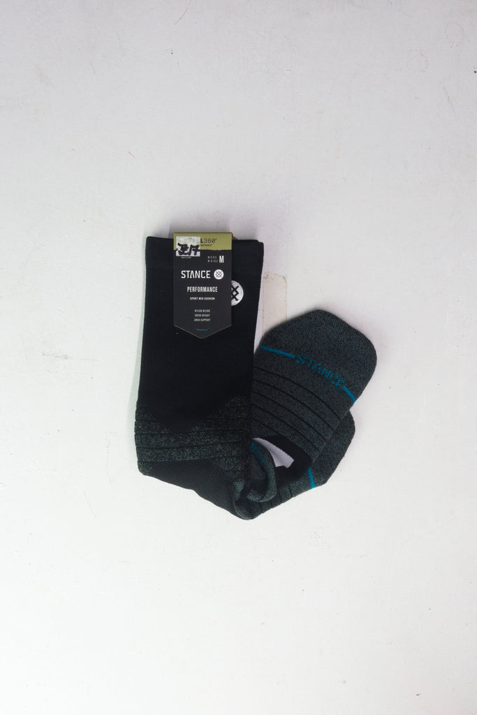 Black athletic socks with teal stripes.