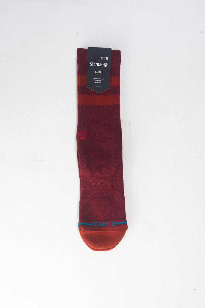 Burgundy dress sock with orange toe and gray band detail.