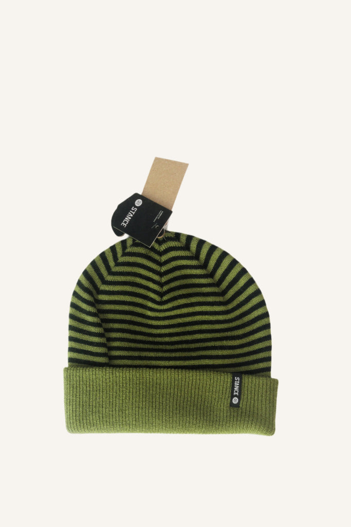 Olive green and black striped winter beanie with a folded brim.