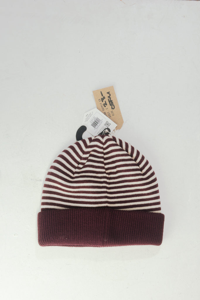 Burgundy and white striped knit beanie with a folded brim.