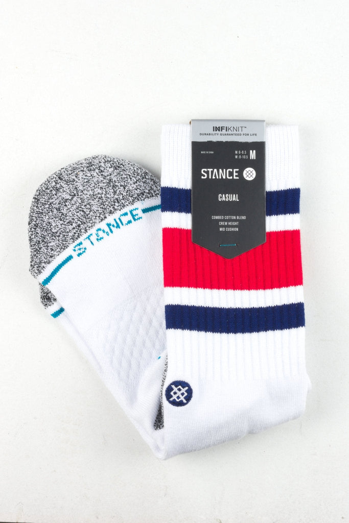 Pair of Stance Socks in White with Red and Blue Stripes, Boyd St Medium Cushion Infiknit