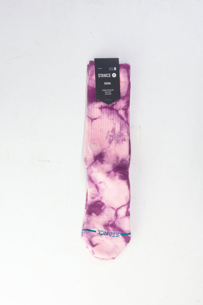 Pink and purple tie-dyed sock with dark accents.