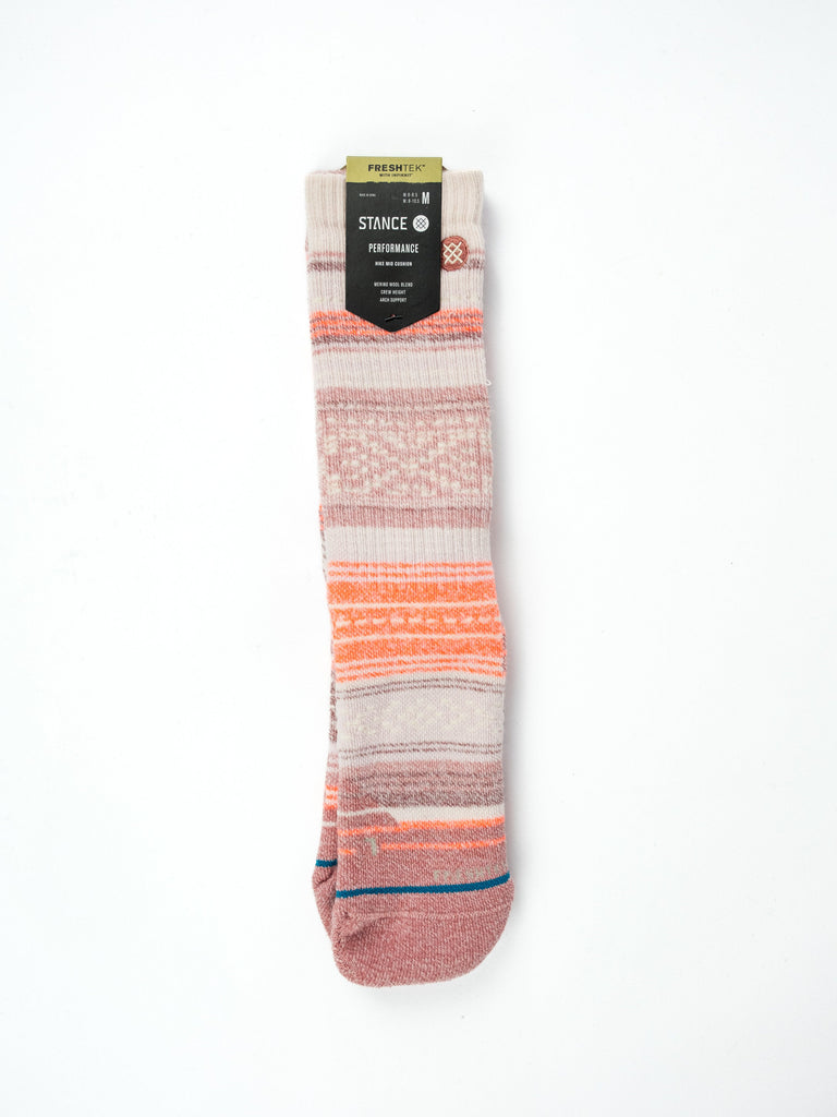 Striped Peaks Freshtek Socks in pink, orange, and white with brand tag, Winterized Merino Wool