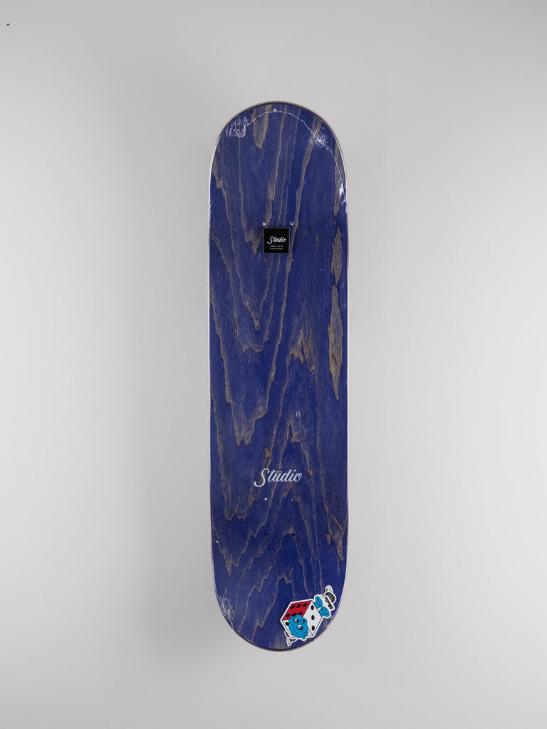 Blue skateboard deck with wood grain pattern for Charles Deschamps Pro Model