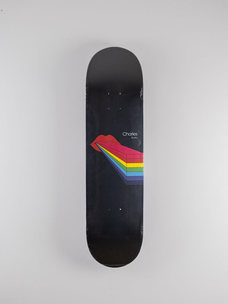 Skateboard deck featuring colorful rainbow lips design, Charles Deschamps Pro Model