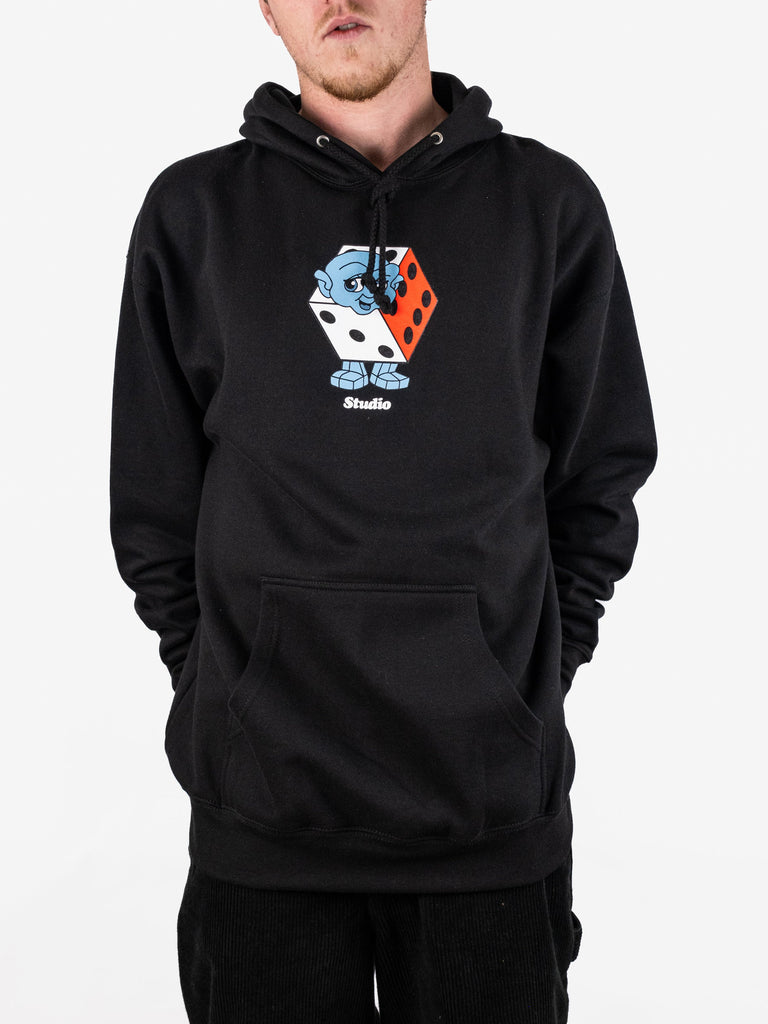 Black hoodie with a cartoon dice character graphic on the front.