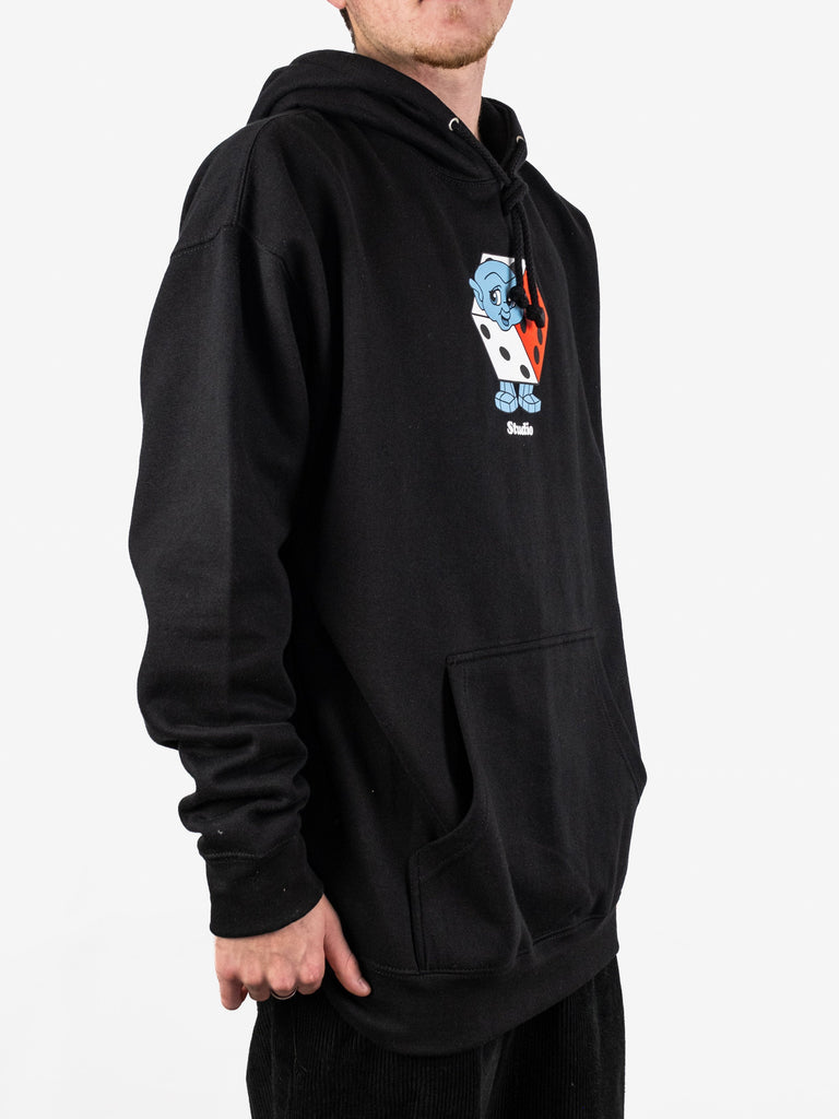 Black Studio Skateboards Dicey Heavyweight Hoodie featuring cartoon character graphic