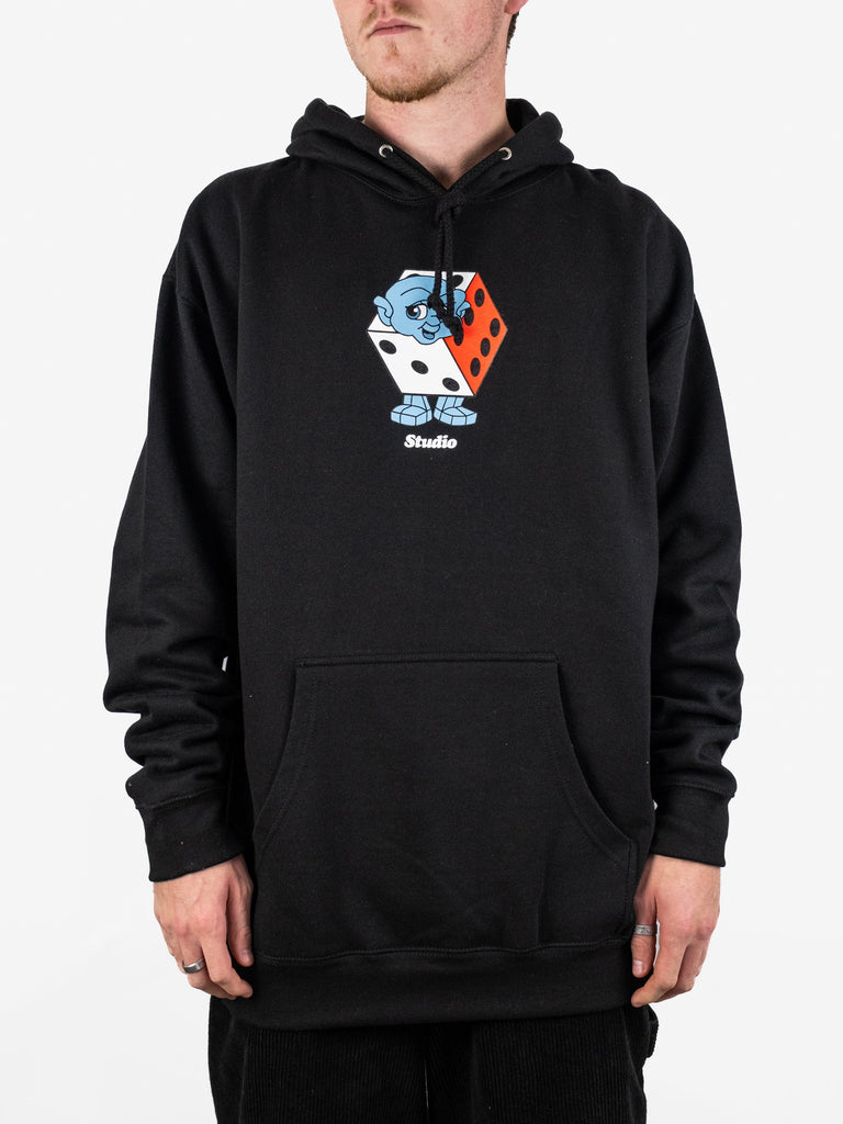 Black hoodie featuring a cartoon dice character, part of Studio Skateboards Dicey Heavyweight Hoodie