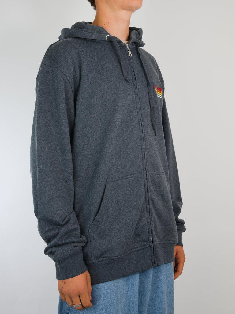 Gray zip-up hoodie with rainbow logo, Studio Skateboards Fade in Dark Heather color