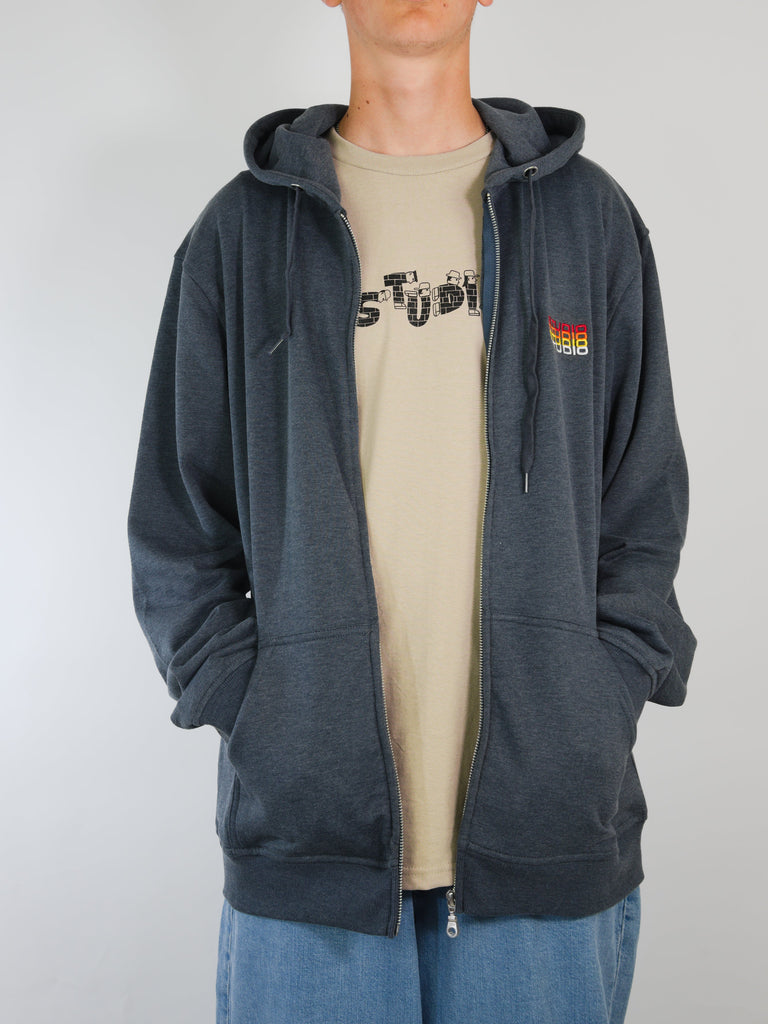 Dark gray zip-up hoodie with colorful logo, Studio Skateboards Fade in Dark Heather