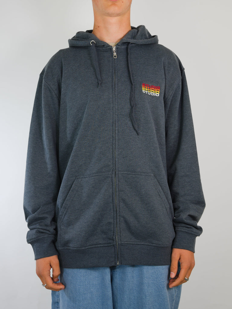 Dark gray zip-up hoodie with rainbow logo, Studio Skateboards Fade design in Dark Heather