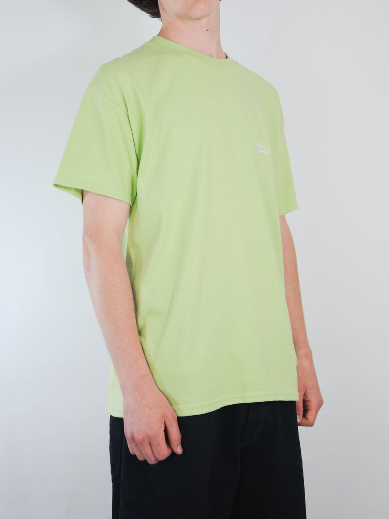 Lime green short-sleeved t-shirt worn, showcasing Studio Skateboards Lovebirds design