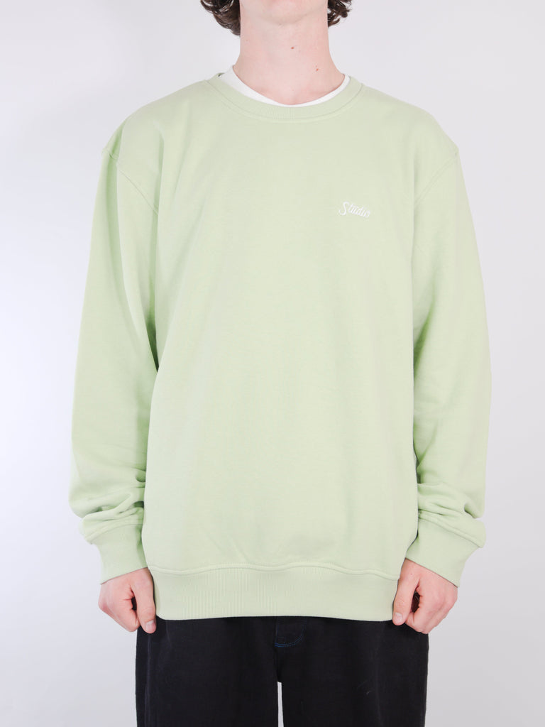 Pale green crewneck sweatshirt with long sleeves.
